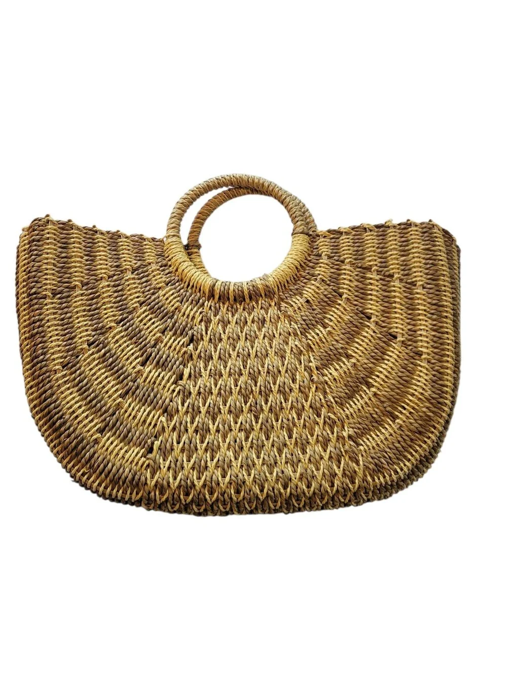 Vintage Sun-N-Sand Woven Straw Half Moon Tote Beach Bag Round Handle Boho - Picture 2 of 14